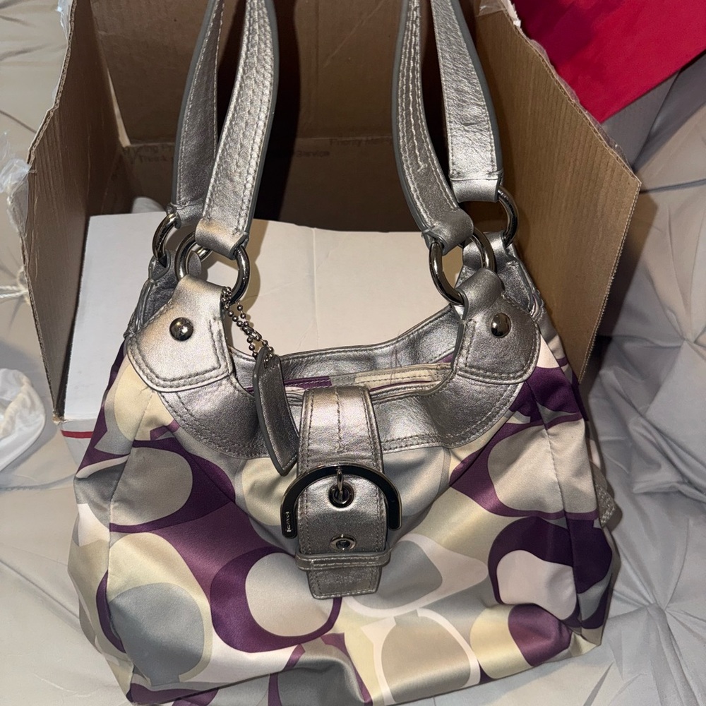 Coach Signature Satin Shoulder Bag Silver Leather Trim Purple Gray Y2K Hobo